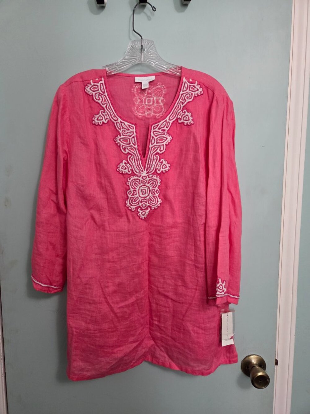 Charter Club Prim Pink Beaded Linen Tunic Top